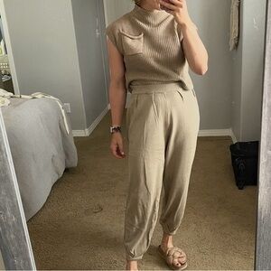 Neutral Tan High-Waist Relaxed knit top and matching Jogger set